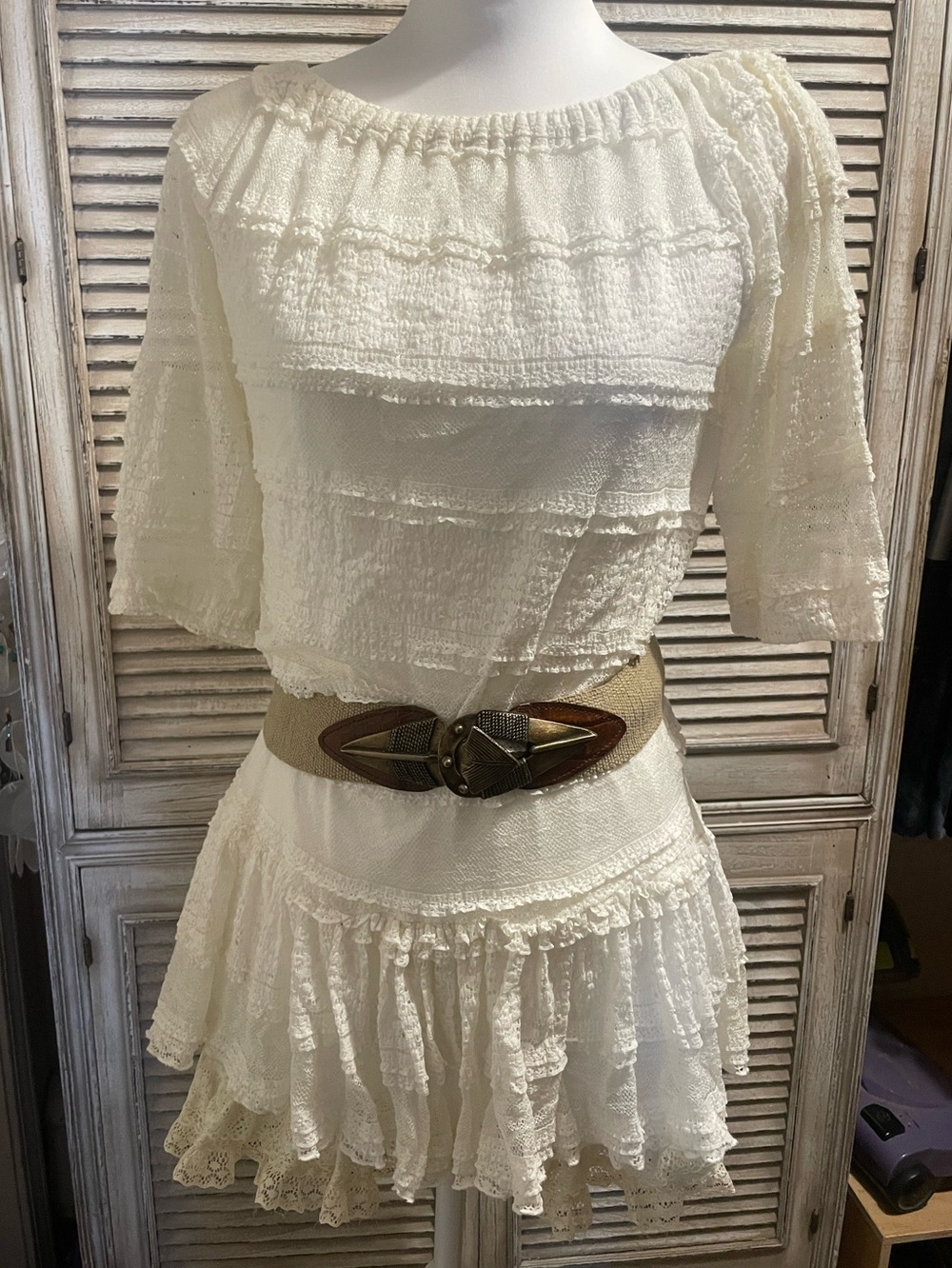SOLD GB Women's Off-Shoulder Tiered Lace Dress western short Summer Boho Xs - Picture 8 of 9